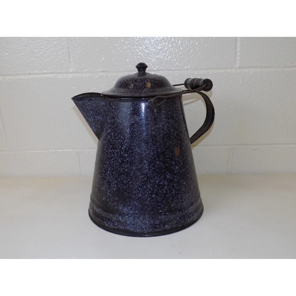 Vintage LARGE Blue Speckled Enamel Coffee Pot Wood Handle Campfire Kettle